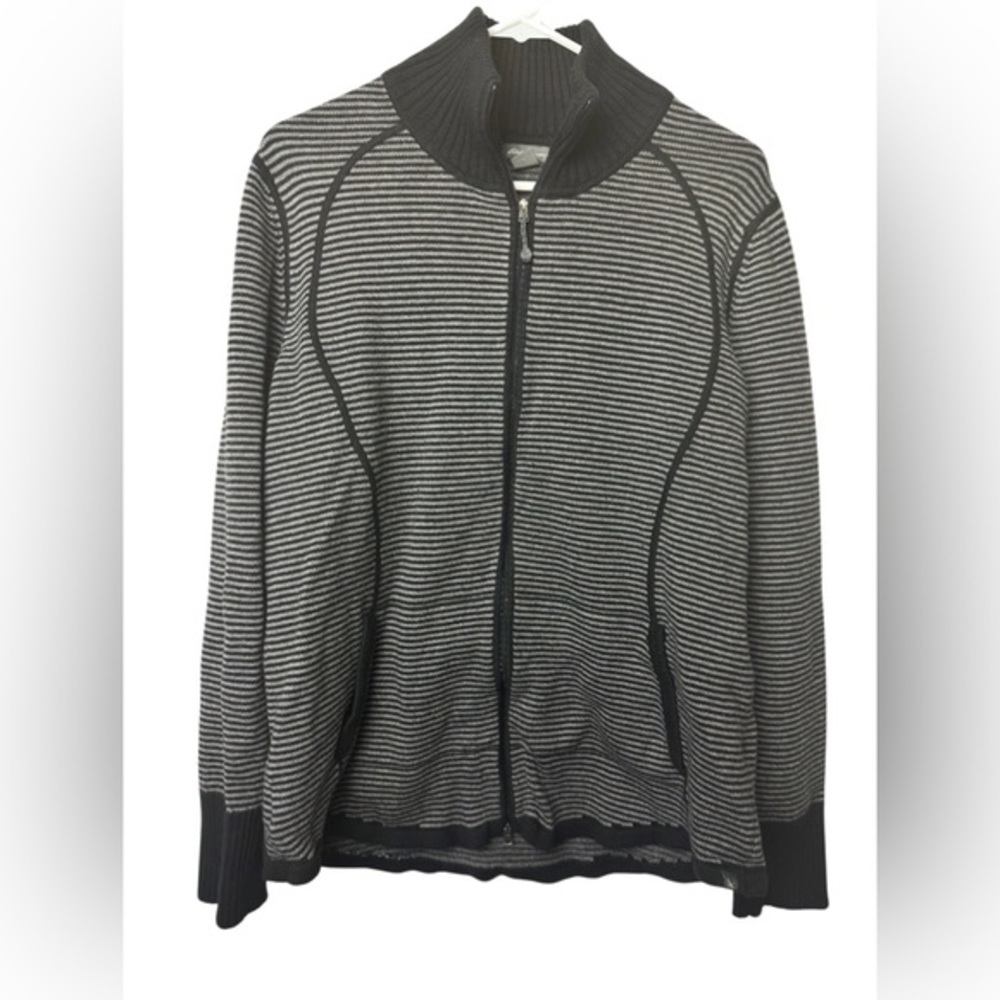 Eddie Bauer Women's Full Zip Sweater Sz 2XL Striped Knit Top Black White